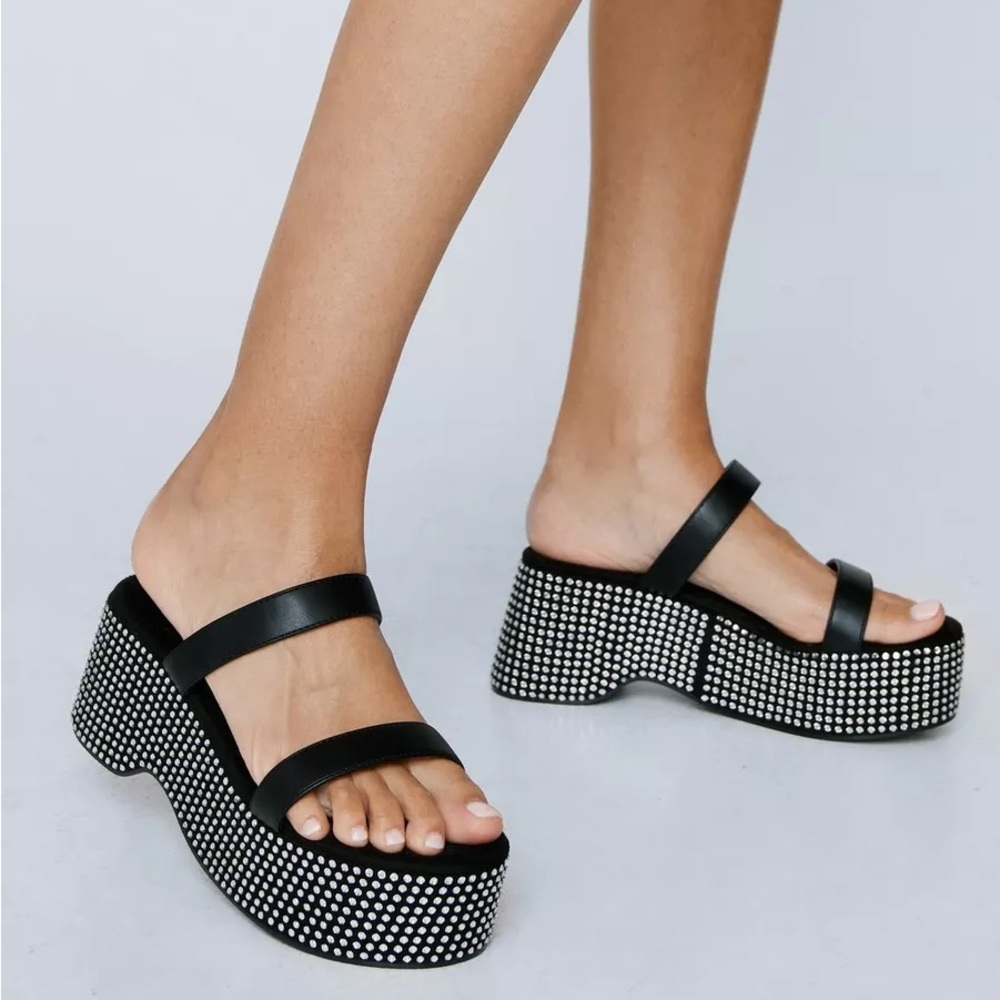 Nasty Gal Faux Leather Double Strap Embellished Platform Sandals